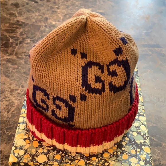 Gucci GG Monogram Dark Beige Red Cotton Beenie - Picture 7 of 12